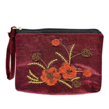Vintage Silk Embroidered Floral Small 6.5 x 5&quot; Makeup Bag Wristlet Top Zipper - £6.26 GBP