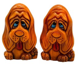 Vintage Orange Hound Dog Salt Pepper Shakers Sad Eyes 1970s Retro Plastic - £13.19 GBP