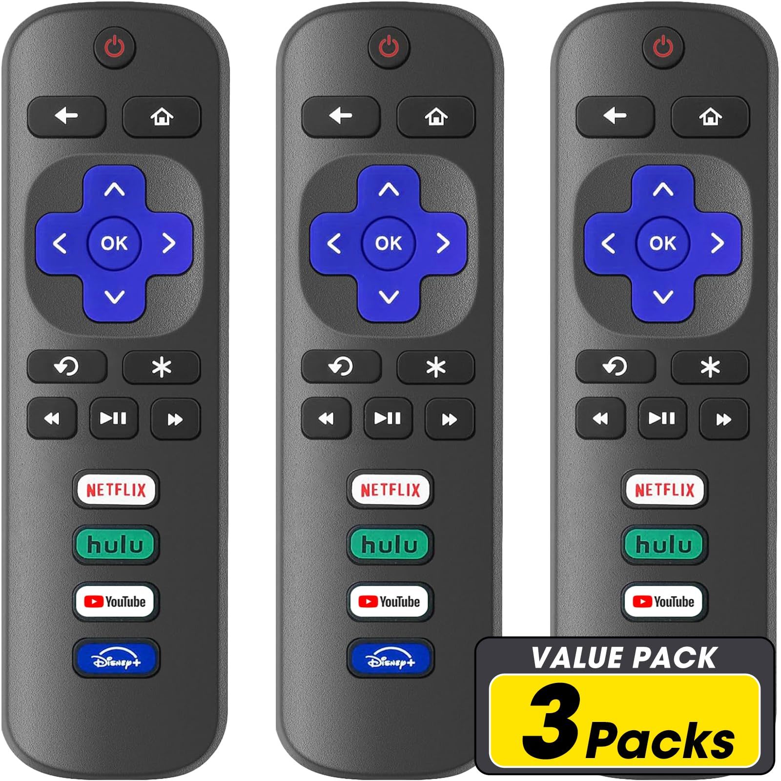 3 Pack Replacement Remote Control Only for Roku TV, Compatible for TCL Roku/His