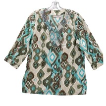 Chico&#39;s Beaded Neckline Tunic Top Ikat Print 3/4 Sleeve Size 1 M - $17.82
