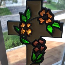 Floral Stained Glass Red Green Yellow Enamel Metal Christian Cross 4.5&quot; - £14.90 GBP