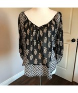 EUC JOIE 100% Silk Chiffon Black &amp; Gray Print Peasant Blouse SZ M - $58.41