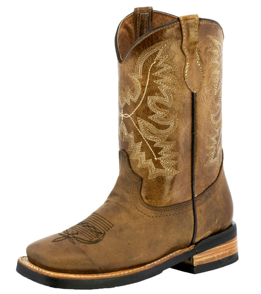 Kids Unisex Real Leather Cowboy Boots Light Brown Square Botas Rancho Si... - $54.44