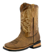 Kids Unisex Real Leather Cowboy Boots Light Brown Square Botas Rancho Si... - €47,22 EUR