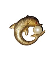 Vintage Gold Tone Dolphin Porpoise Brooch Pin with Faux Pearl 2&quot; - £7.97 GBP