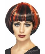 Black Bob Red Streaks Quirky Bob Wig Punk Rocker Raver Vampire Vampiress Nurse - $19.24 CAD