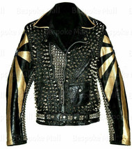 New Womans Black Silver Studs Gold Printed On Sleeves Patches Leather Jacket-934 - £342.92 GBP