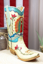 Rustic Western Colorful Our Lady Madonna Guadalupe Cowboy Boot Vase Figu... - $35.95