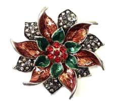 Christmas Rhinestone Enamel  Poinsettia Red Green Silver Tone Sweater Pin Brooch - £9.08 GBP