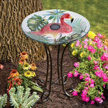 Solar Glass Bird Bath W/Metal Stand-Flamingo Summer Garden Decor Water F... - £62.92 GBP