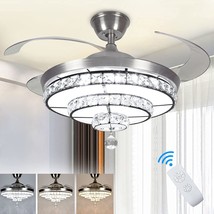 Dllt Crystal Ceiling Fan With Light, 36W Modern Ceiling Fan, 6000K Nickel, Ul - £183.99 GBP