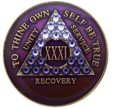 AA Medallion Year 1-45 Purple Tri-Plate Swarovski Crystal Transition Chip - $21.77