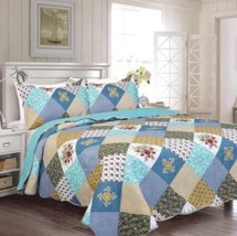 Sonic Patchw Ok Aqua Reversible Bedspread Quilted Set 3 Pcs King Size - £38.75 GBP