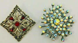 Ruby Red Square Faux Garnet Brooch And Crystal Sunburst Brooch Pins Vintage 70&#39;s - £14.97 GBP