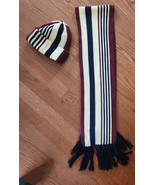 Vtg Striped Knitted Fringed Scarf And Hat Made In Japan VTG Tan Blue Maroon - $29.99