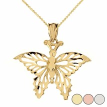 10k 14k Solid Gold Filigree Diamond Cut Butterfly Charm Pendant Necklace  - £104.51 GBP+