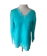 COLDWATER CREEK LADIES LINEN TURQUOISE WHITE SEQUIN TOP SHIRT TUNIC BLOU... - £38.11 GBP
