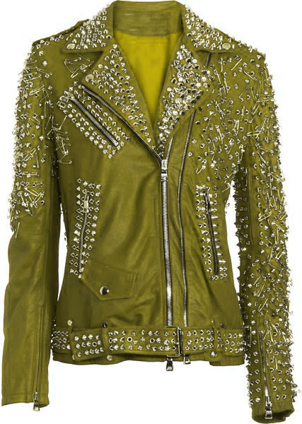Women&#39;s Green Color Leather Jacket, Full Silver Studded Rock Punk Fashio... - $152.99