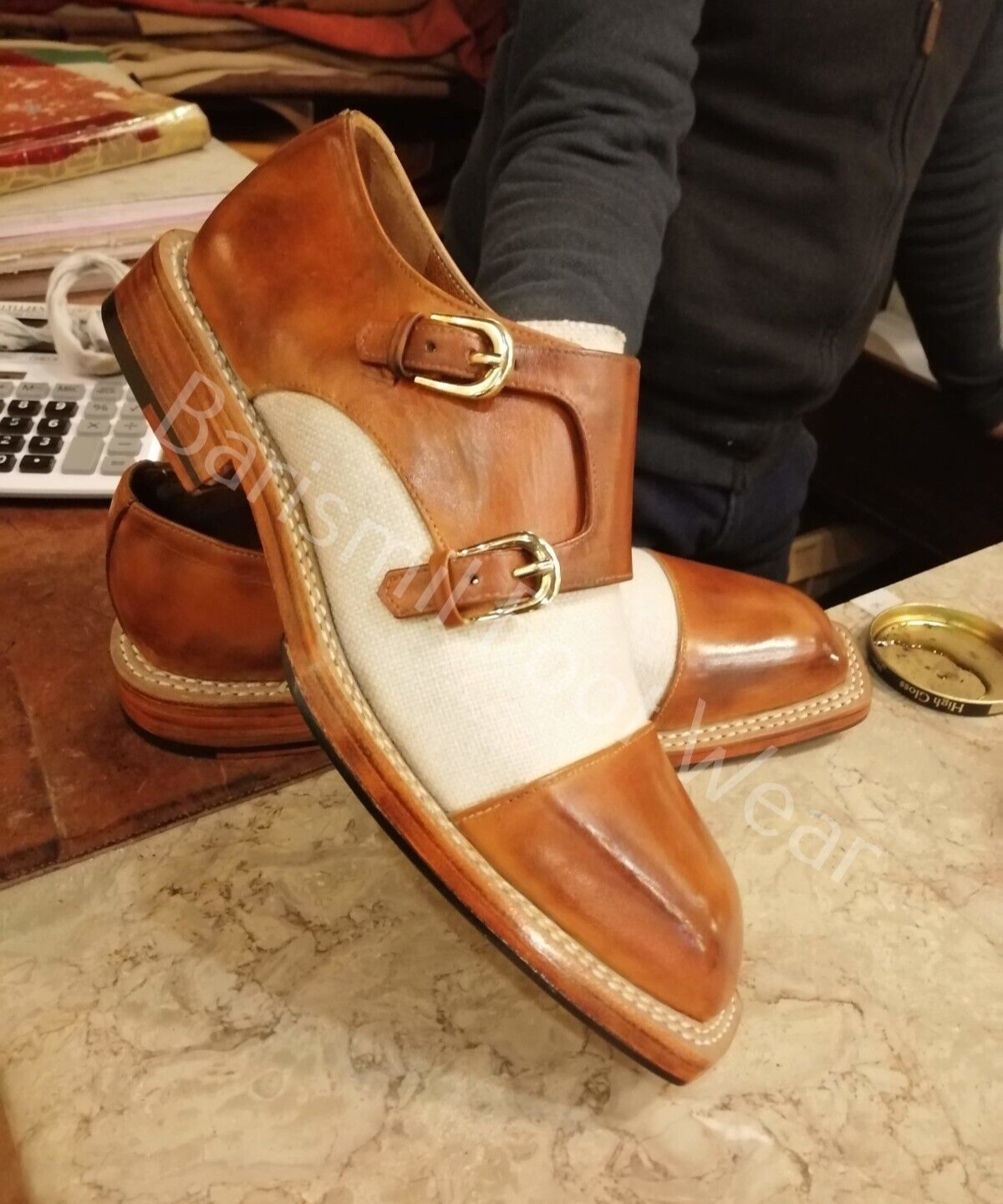 Men's Leather Double Monk Spectator Shoes Good-year Stitched Hand Welted Shoes.