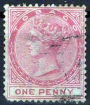 Tobago 1 Used VF 1p rose Victoria short LL perf unclear cancel ZAYIX 0324S0021 - £39.01 GBP