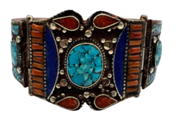 112g  Vintage Tibetan Cuff Silver Bracelet Inlaid Turquoise, Coral, and ... - $200.00