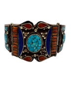 112g  Vintage Tibetan Cuff Silver Bracelet Inlaid Turquoise, Coral, and ... - $200.00