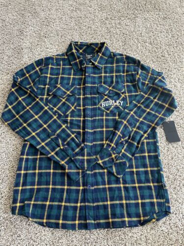 Hurley Men’sflannel Button Down blue green plaid T Shirt Long Sleeve Siz... - $16.82