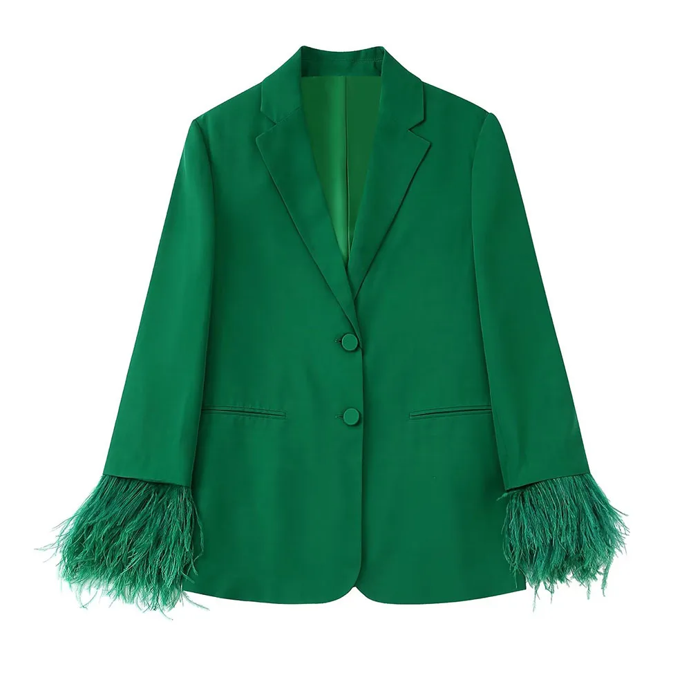 Women  Autumn   Feathered Straight Blazer Coat Vintage Long Sleeve Pockets Femal - £126.26 GBP