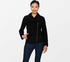 Isaac Mizrahi Live! Suede Motorcycle Jacket w/ Printed Lining in Black Reg 6 - £82.94 GBP