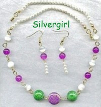White Pearl Purple Green Bead Necklace Earring Set - £14.90 GBP