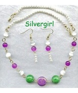 White Pearl Purple Green Bead Necklace Earring Set - £14.93 GBP