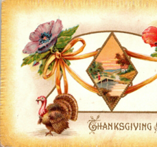 c1910 Thanksgiving Greetings Turkey Flowers Bridge Landscape Embossed Postcard - £11.74 GBP