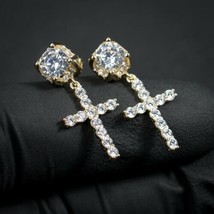 Mens Simulated Diamond Cross Dangle Drop Hoop Stud Earrings Yellow Gold Plated - £36.33 GBP