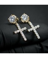 Mens Simulated Diamond Cross Dangle Drop Hoop Stud Earrings Yellow Gold ... - £35.89 GBP