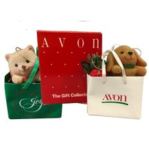 Avon Holiday Friends Ornament Dog and Cat in Christmas Shopping Bag 1980 Gift - $12.95