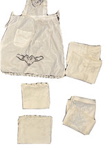 Lot of 6 Vintage White Embroidered and Lace Table Cloth w/ Apron - £34.07 GBP