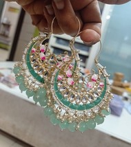 Bollywood Style Indian Kundan Enameled Light Green Bali Hoop Earrings Set - £22.35 GBP