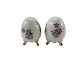 Vintage Enesco Porcelain Footed Foral Purple Easter Egg Salt and Pepper ... - $14.80