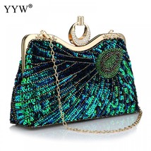 Vintage Women&#39;S Clutches Evening Bags With Handle Peacock Pattern Sequins Beaded - £80.26 GBP