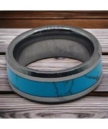 Stainless Steel Turquoise Inlaid Beveled Edge Wedding Ring Sz 7 - $742.56 MXN
