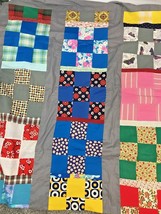 Colorful Cotton Vintage Quilt Top Handstitched Square Blocks Print 97 x 60  - $64.00