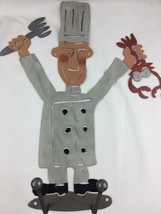 Laser Cut Metal Art Chef with Fork and Lobster, Towel Hooks 15&quot; Tall - £23.67 GBP