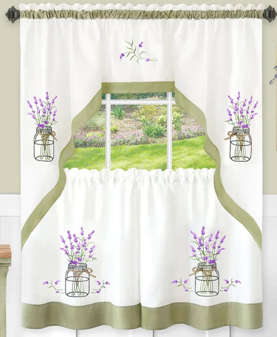 3pc. Embellished Curtains Set: 2 Tiers & Swag (58"x36") LAVENDER FLOWERS, Achim - $24.74