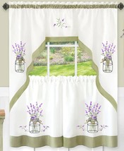 3pc. Embellished Curtains Set: 2 Tiers & Swag (58"x36") LAVENDER FLOWERS, Achim - $24.74