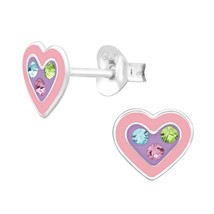 Pink &amp; Purple Heart 925 Silver Stud Earrings with Crystals for Girls - £11.19 GBP