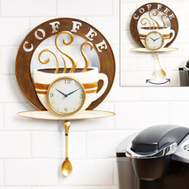 Coffee Cup Wall Clock Swinging Pendulum Spoon Designer Cafe Kitchen Home Decor - £20.08 GBP