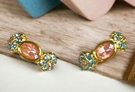 Swarovski Jewelers Earrings Vintage Clip On Fine Fashion  Crystals Pink Blue EUC - £44.01 GBP
