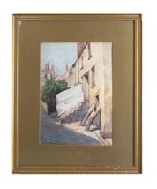 Vintage Untitled Watercolor by M. Jeboult Street Alley Painted in 1904 23&quot; x 18&quot; - £145.40 GBP
