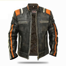 Men&#39;s Retro 3 Cafe Racer Vintage Biker Motorcycle Distressed Real Leather Jacket - £42.17 GBP+