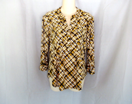 Vera Rose top blouse band collar PS brown  abstract 3/4 tab sleeves pockets - $13.67